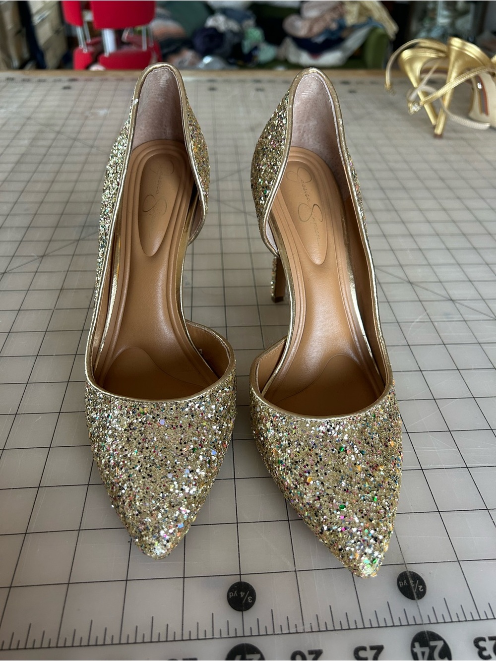 Jessica Simpson Gold Glitter Pointed Toe High Heels